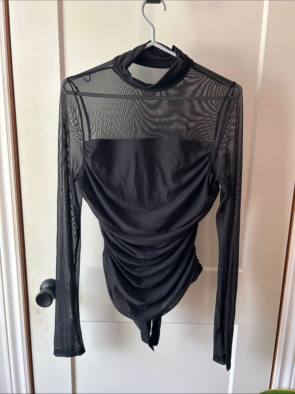 Black Mesh Long-Sleeve Ruched bodysuit
